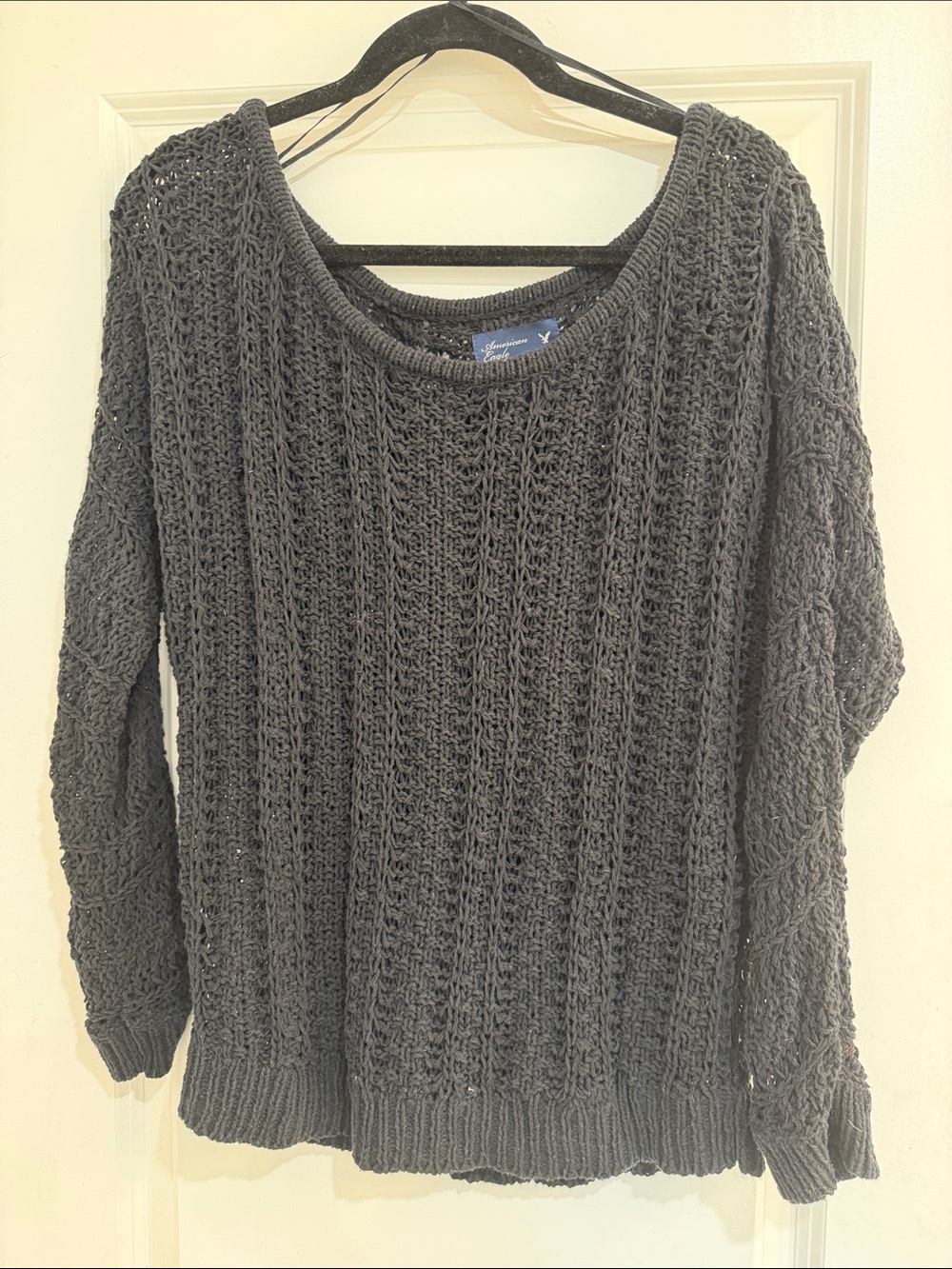 American Eagle Outfitters Open-Knit Crewneck Sweater - Black